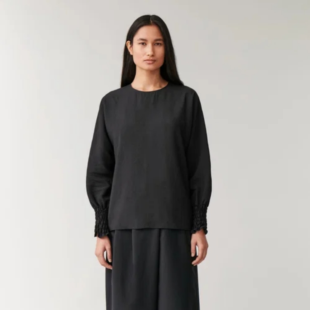 COS Black Cotton Smocked Sleeve Blouse 38